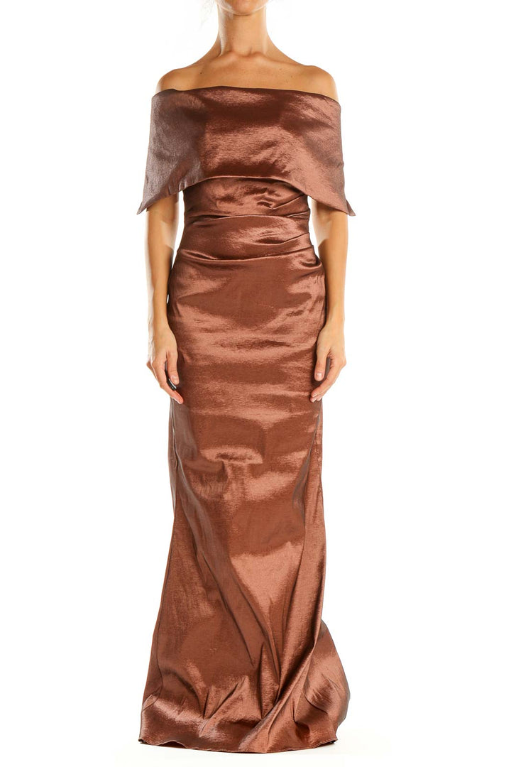 Brown Solid Classic Column Dress