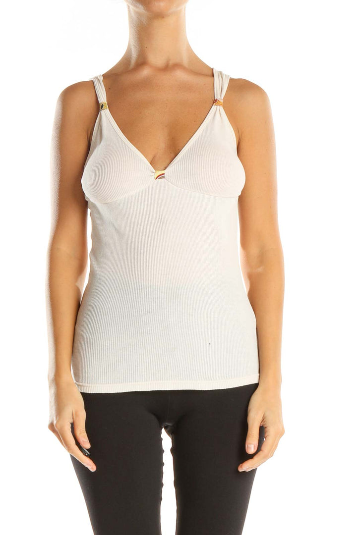 Front view of white ribbed V-neck tank top with double straps