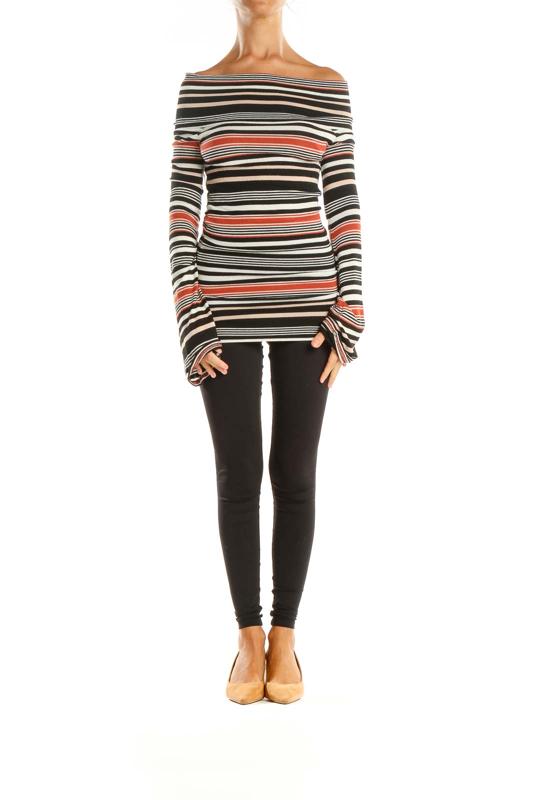 Front view of Free People multicolor striped off-shoulder top with long bell sleeves