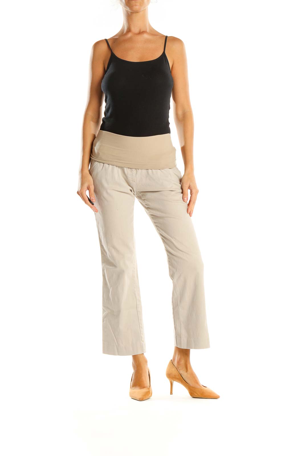 Beige Solid Casual Trousers