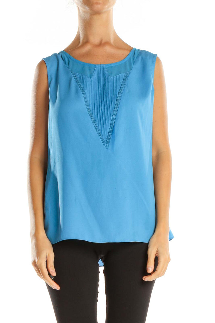 Blue Pleated Panel Blouse With Bead Detail