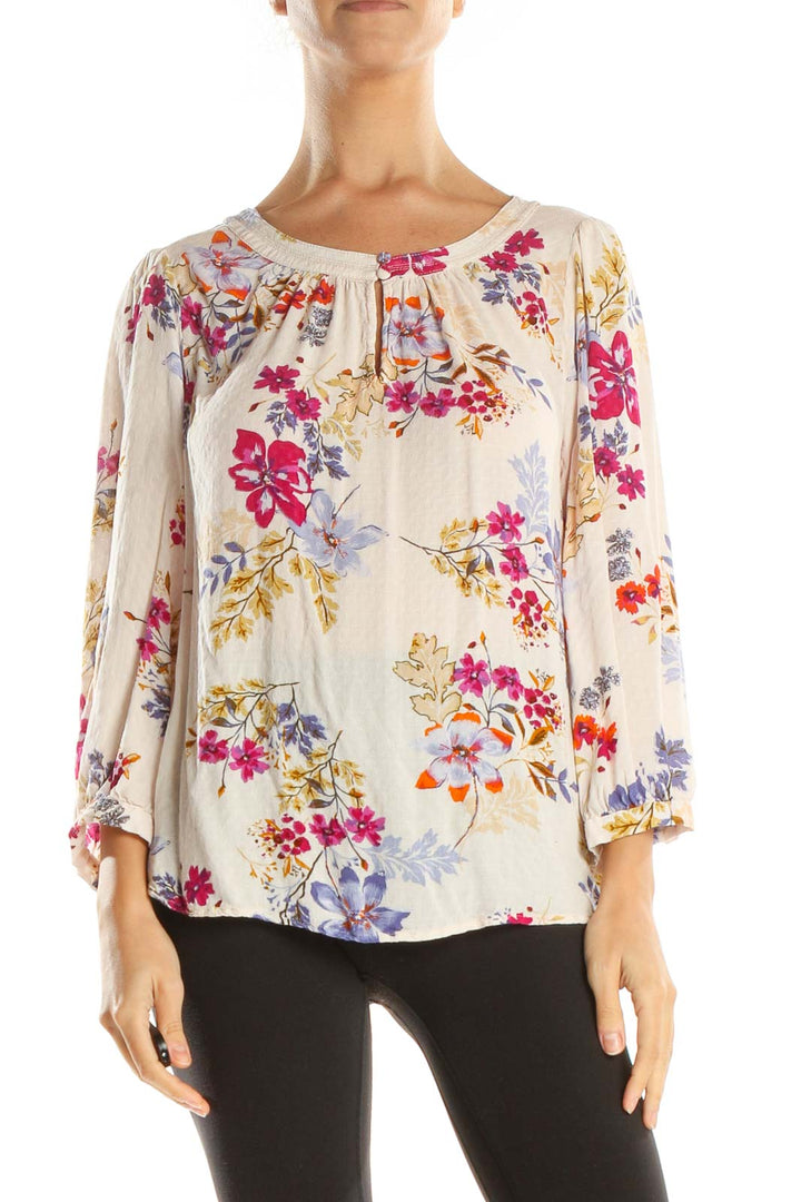 Beige Floral Print Brunch Blouse