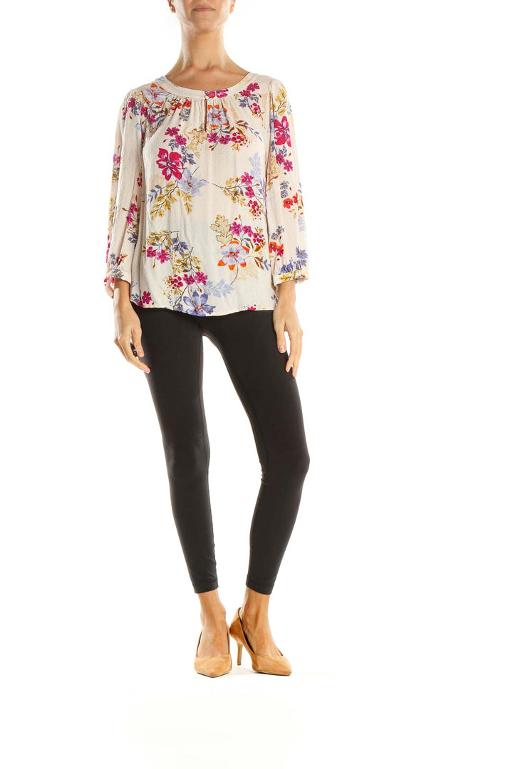 Beige Floral Print Brunch Blouse