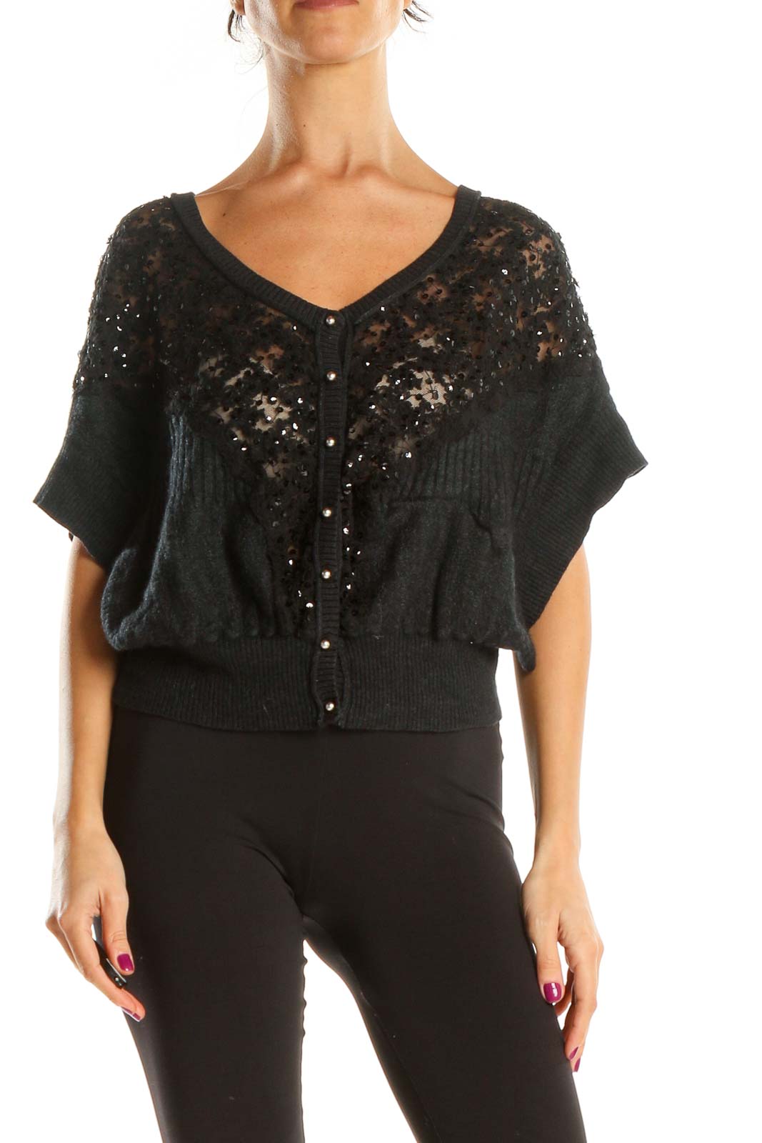 Front view of Free People Black Lace Sequin Dolman Sleeve Top