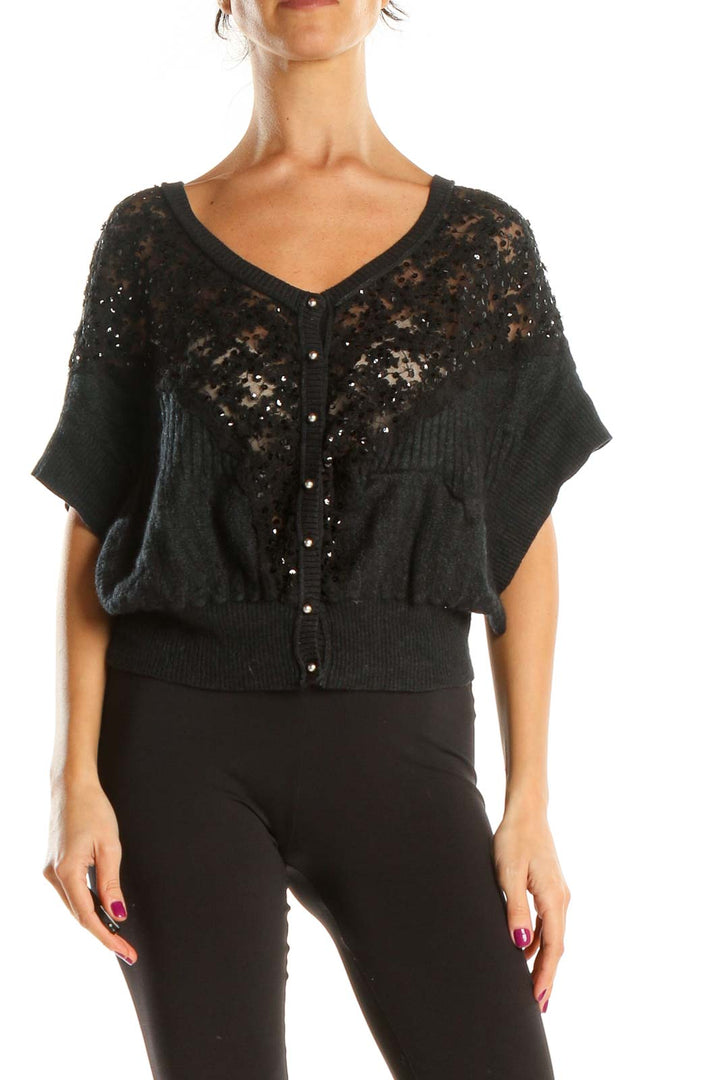 Front view of Free People Black Lace Sequin Dolman Sleeve Top