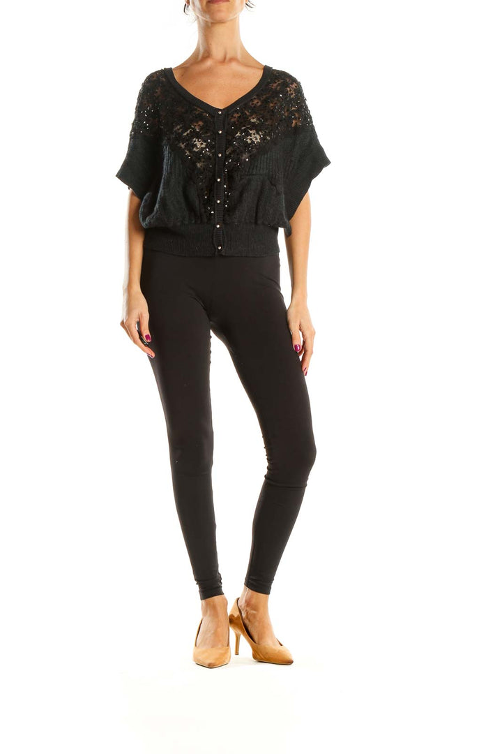 Front view of Free People Black Lace Sequin Dolman Sleeve Top