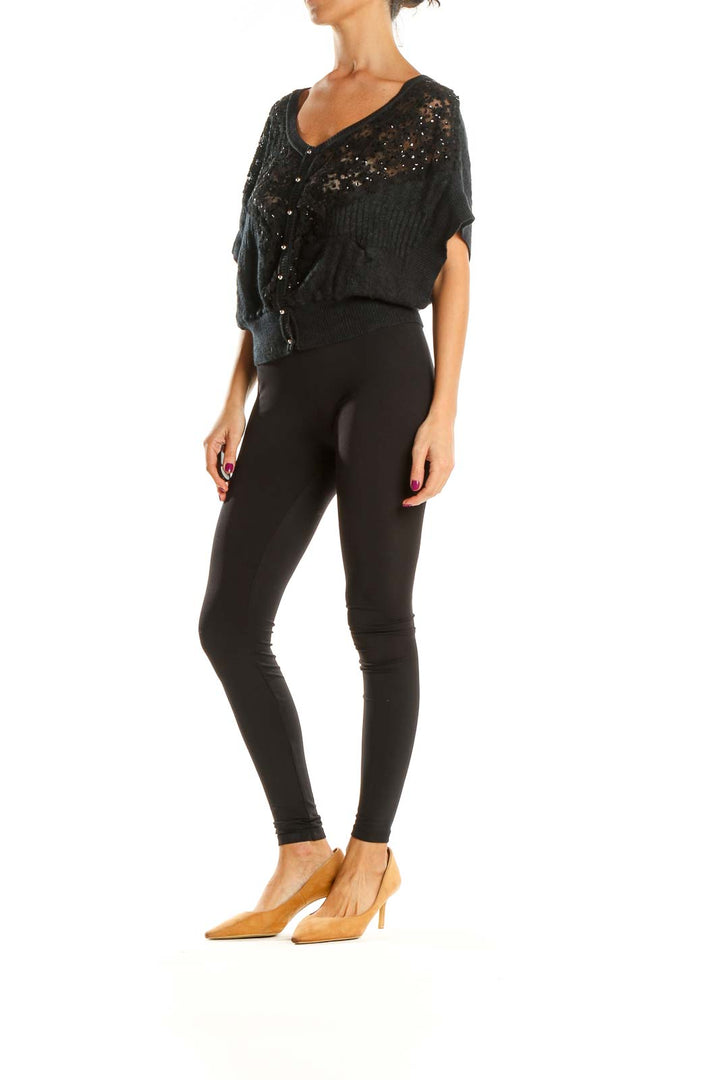 Front view of Free People Black Lace Sequin Dolman Sleeve Top