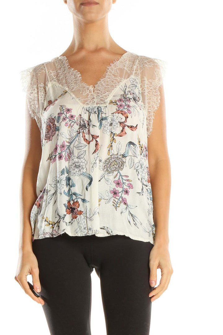 Beige Floral Print Holiday Blouse