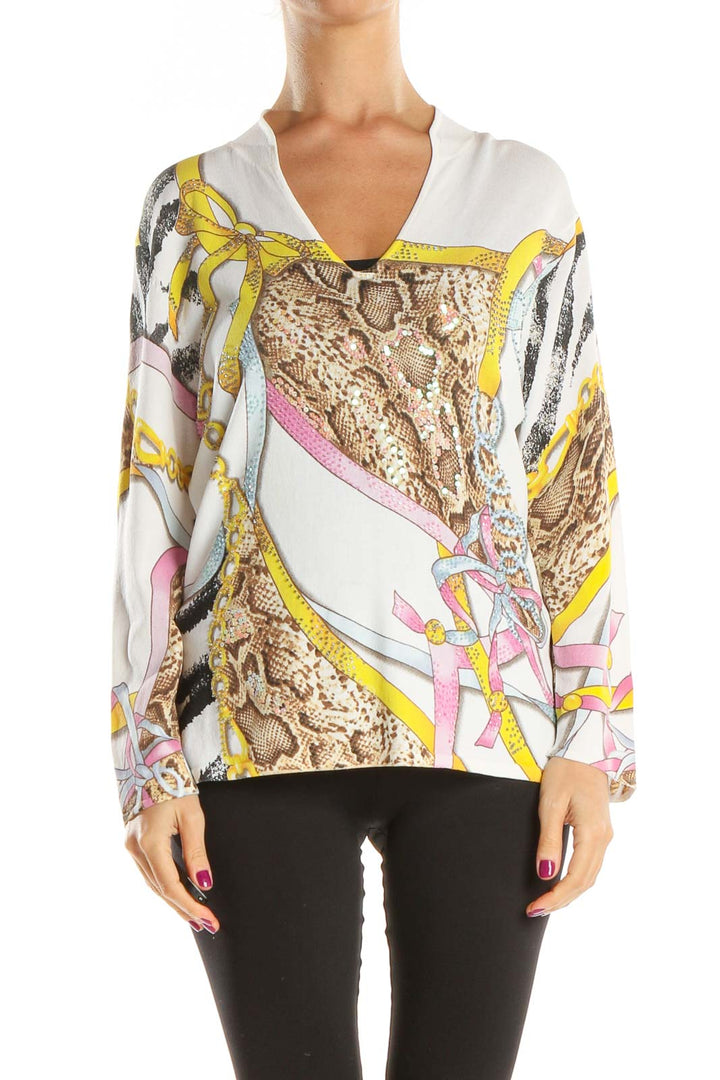 White Graphic Print Retro Blouse