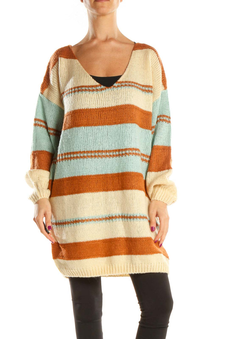 Beige Striped All Day Wear Sweater