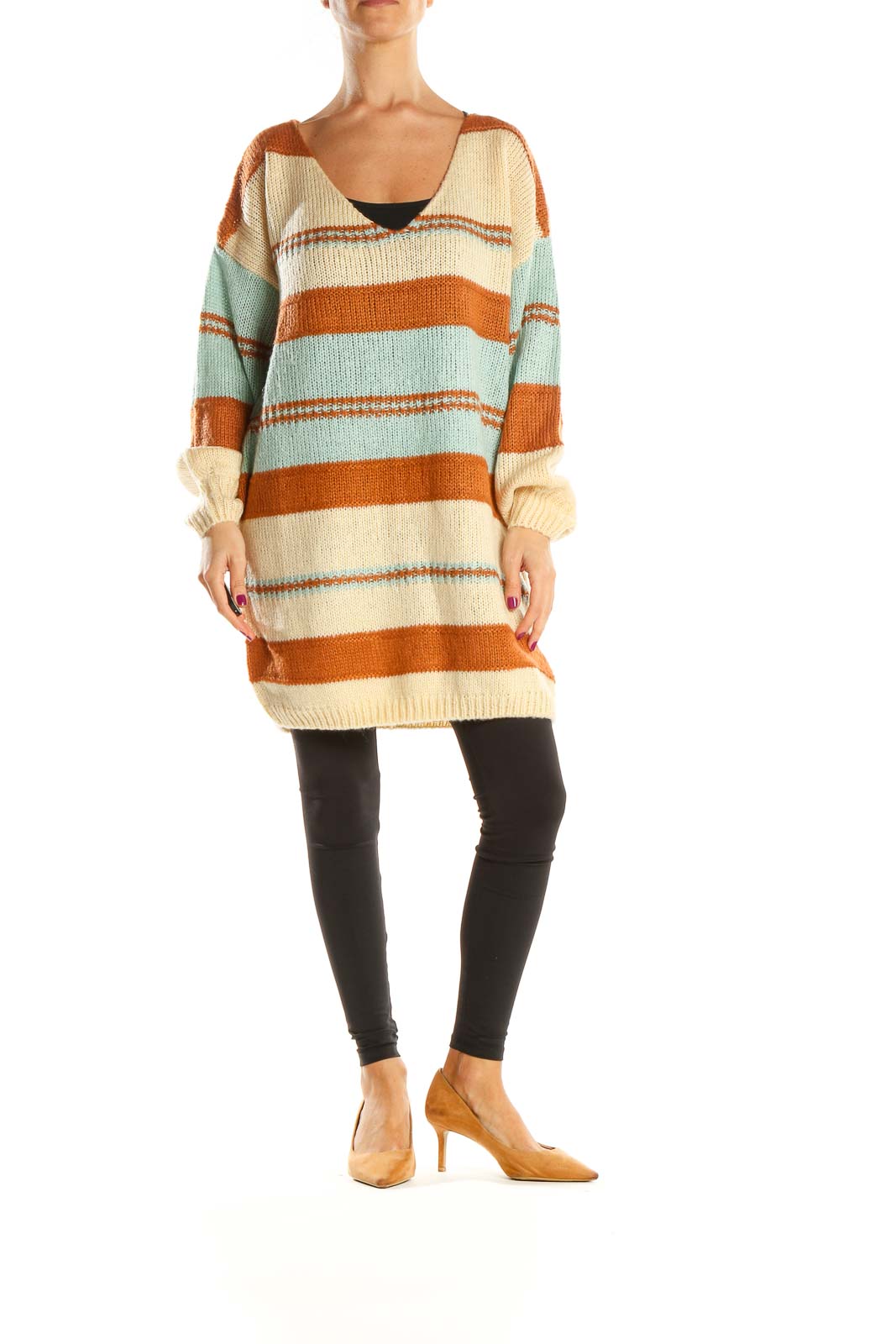 Beige Striped All Day Wear Sweater