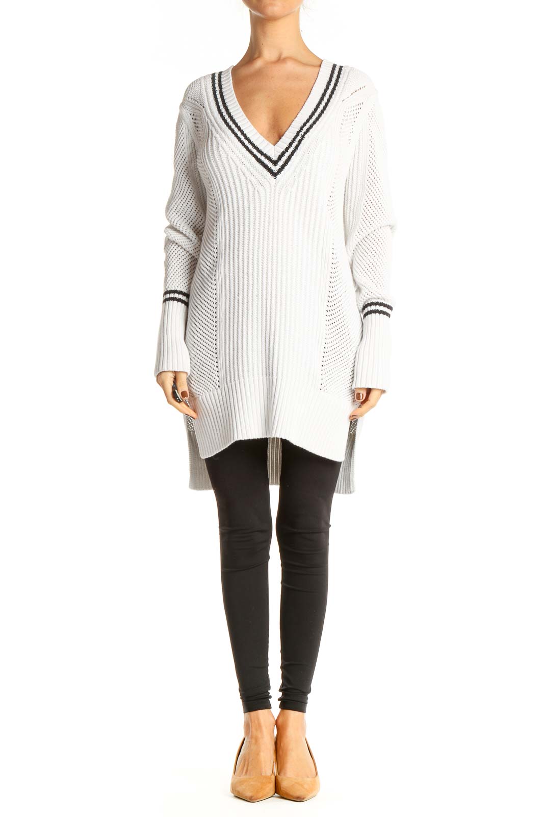 White Striped All Day Wear Sweater