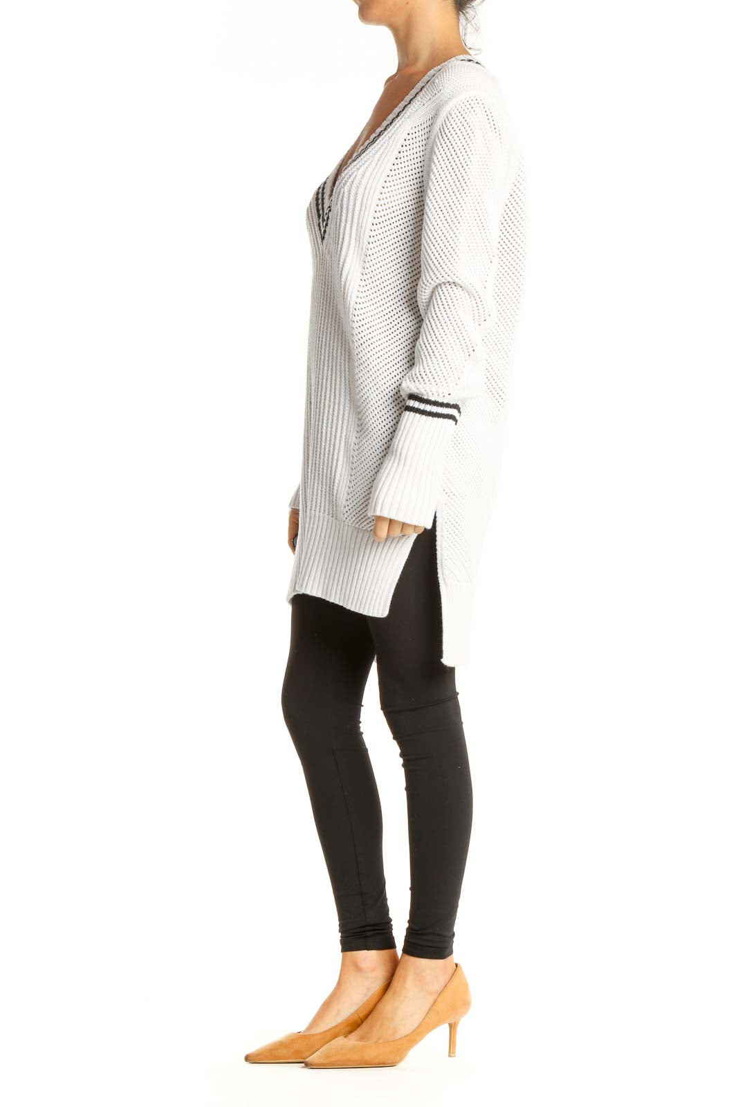 White Striped All Day Wear Sweater