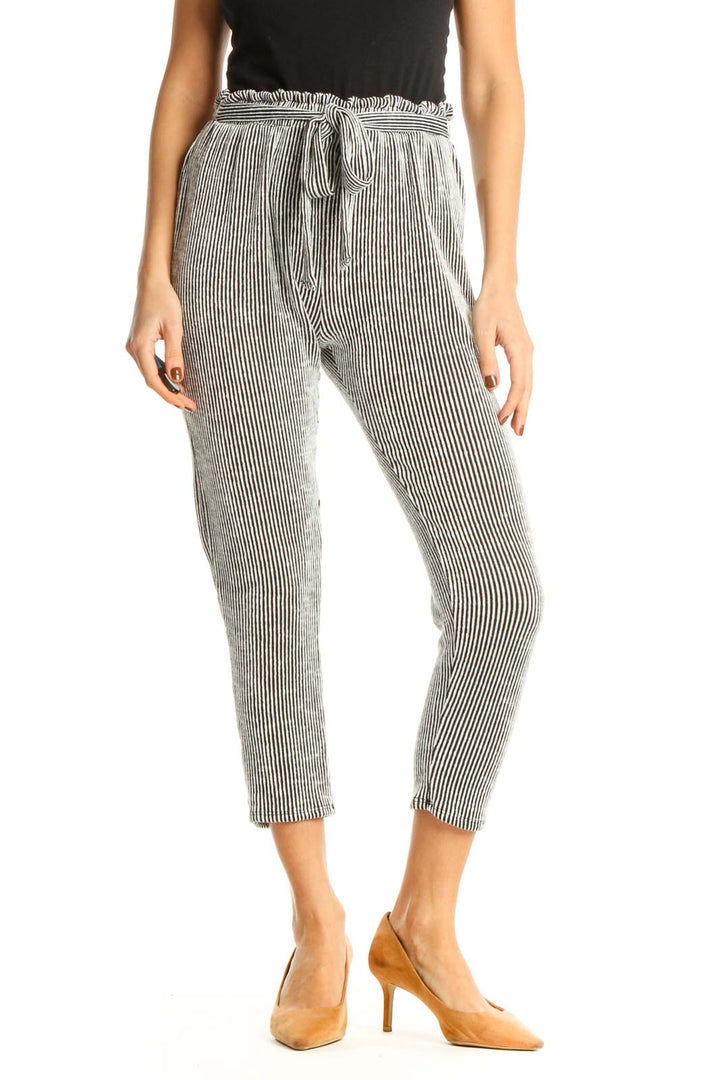 Gray Striped Casual Capri Pants