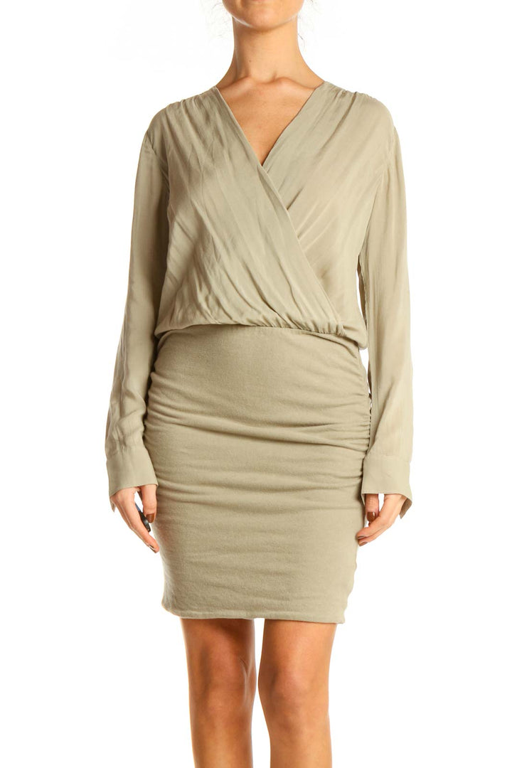 Beige Solid Day Sheath Dress