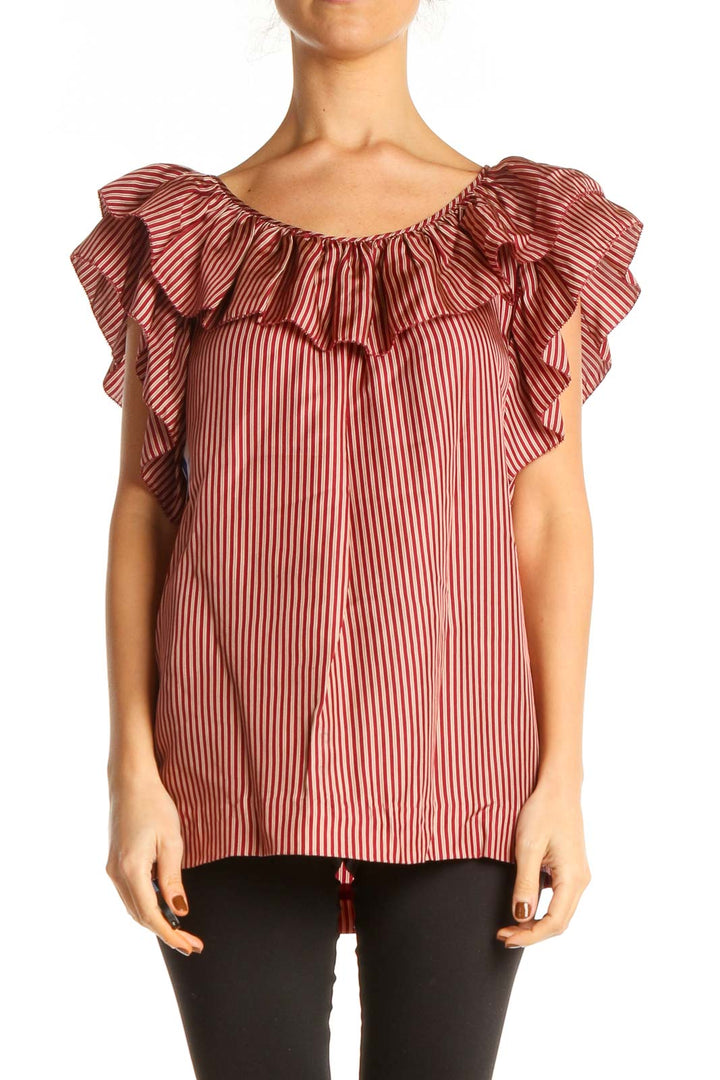 Red Striped Silk Ruffle Blouse