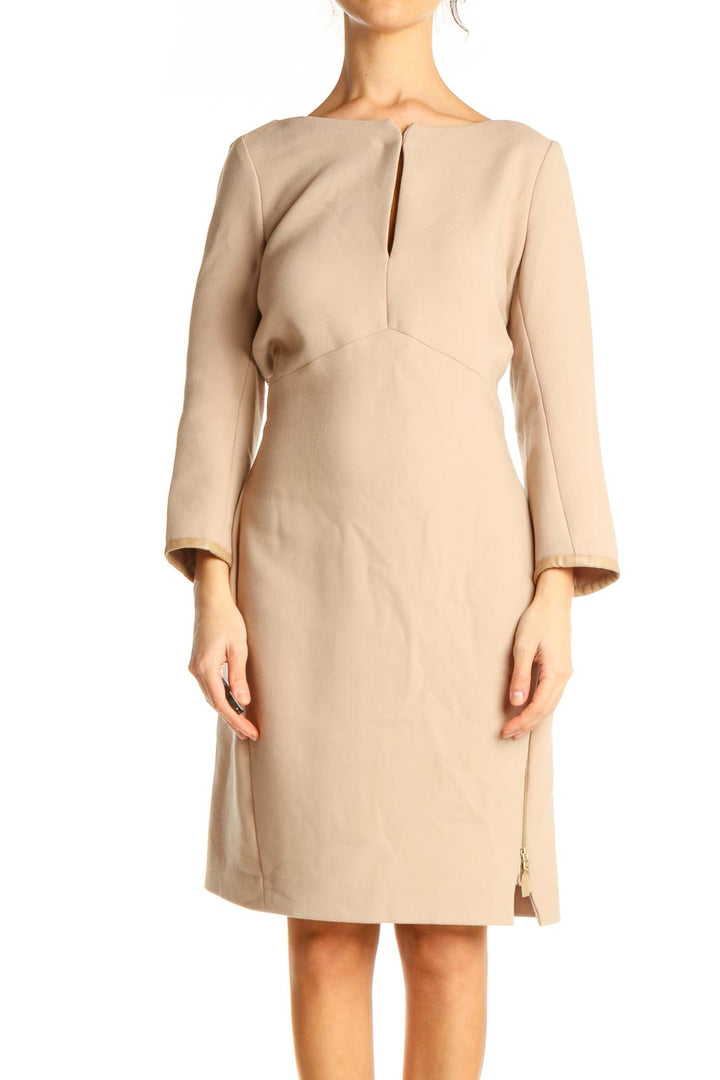 Beige Solid Classic Sheath Dress