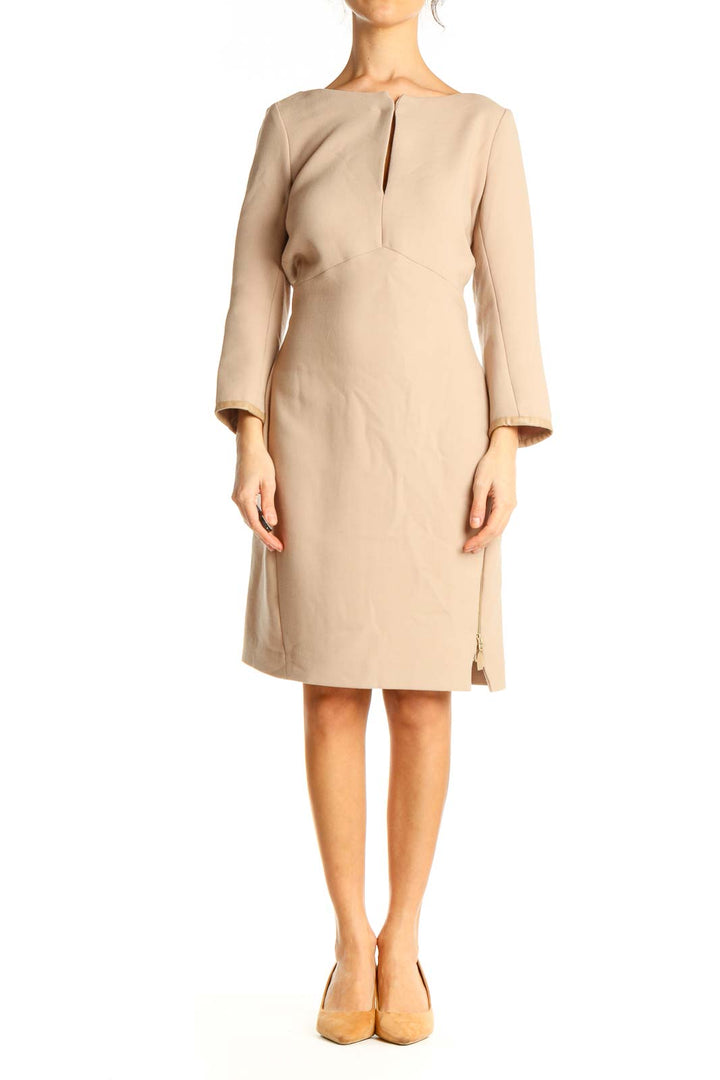 Beige Solid Classic Sheath Dress