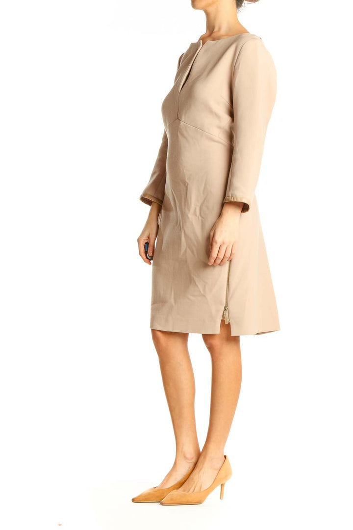 Beige Solid Classic Sheath Dress