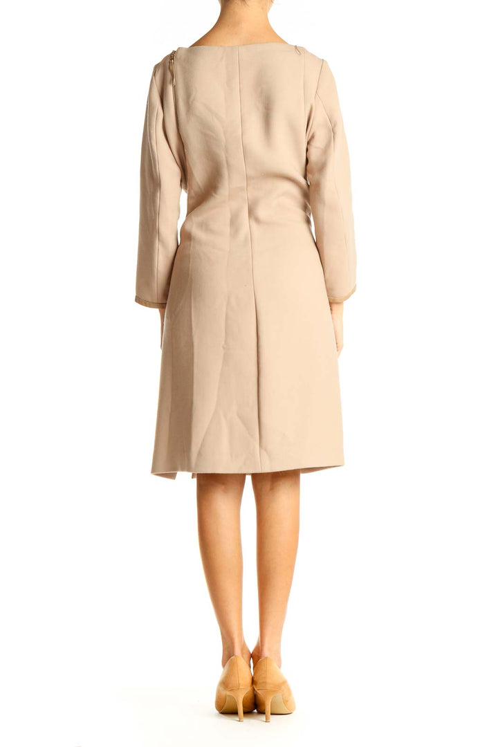 Beige Solid Classic Sheath Dress