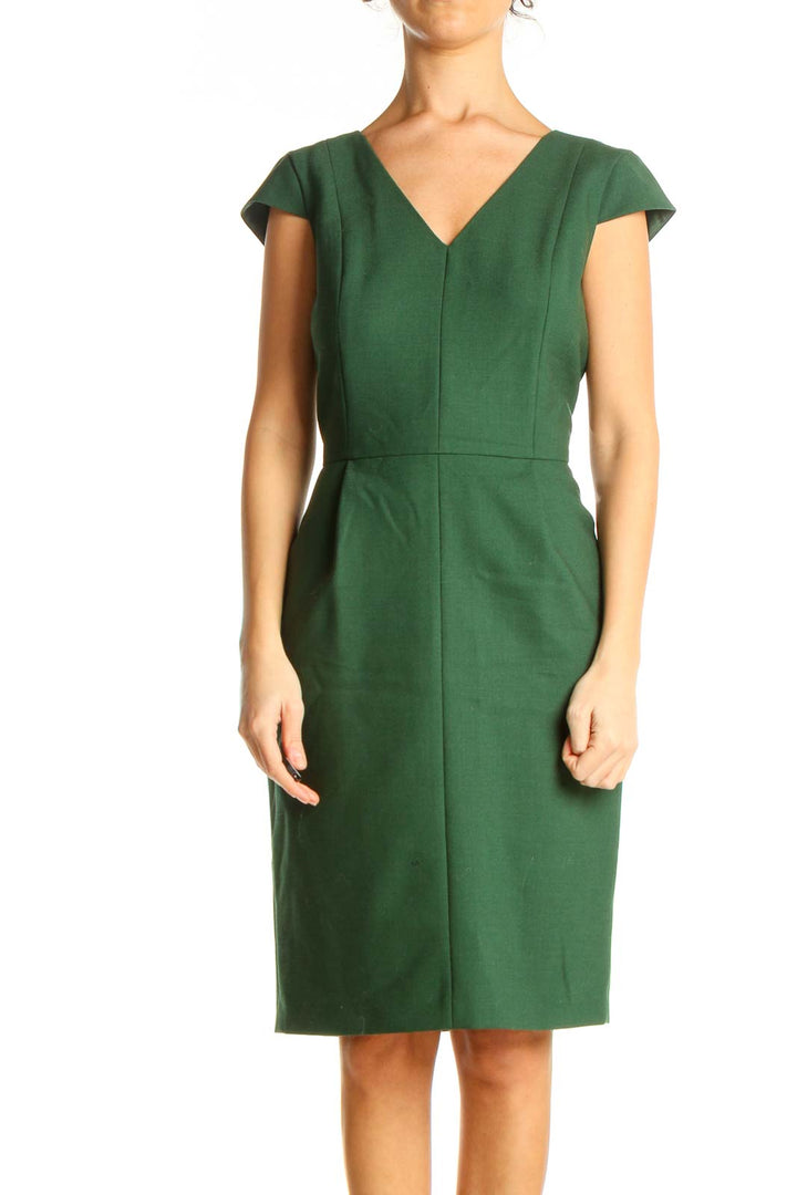 Green Solid Work Sheath Dress