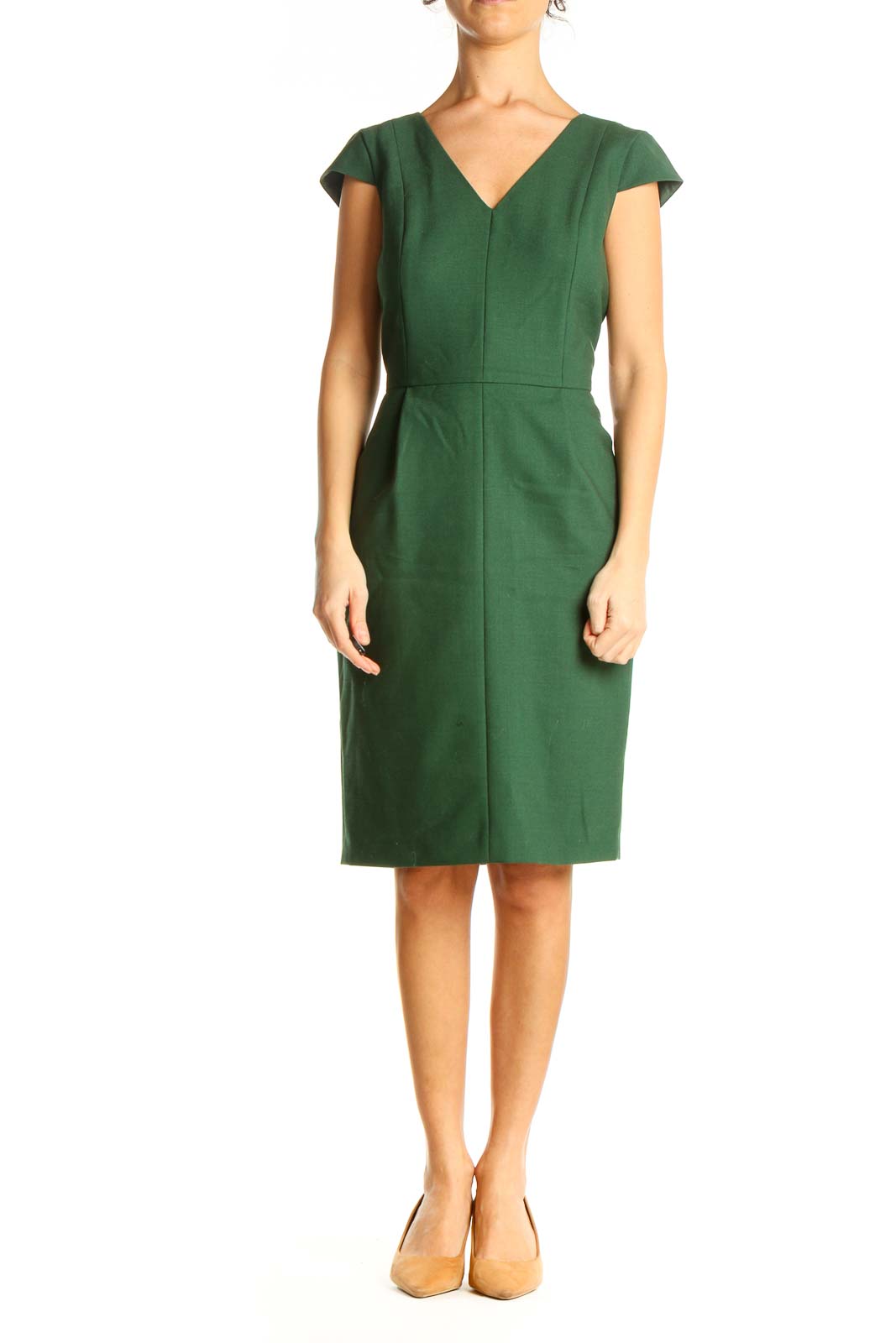 Green Solid Work Sheath Dress