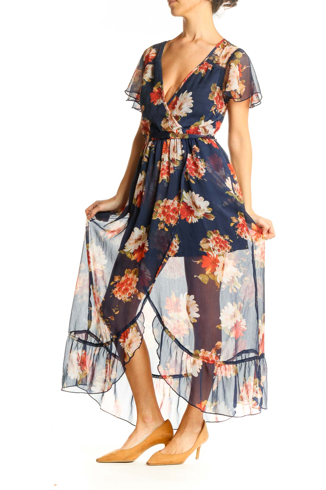 Blue Floral Print Fit & Flare Dress