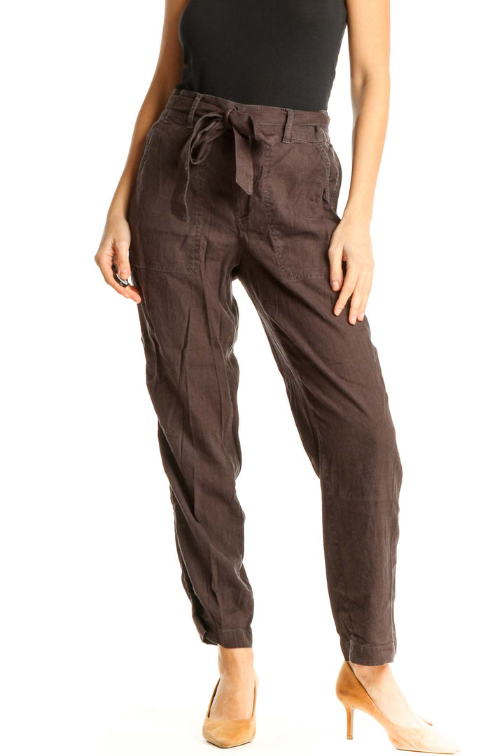 Brown Textured Casual Trousers