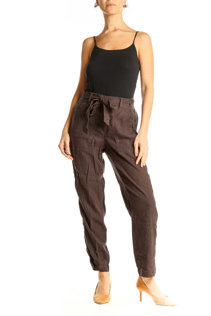 Brown Textured Casual Trousers