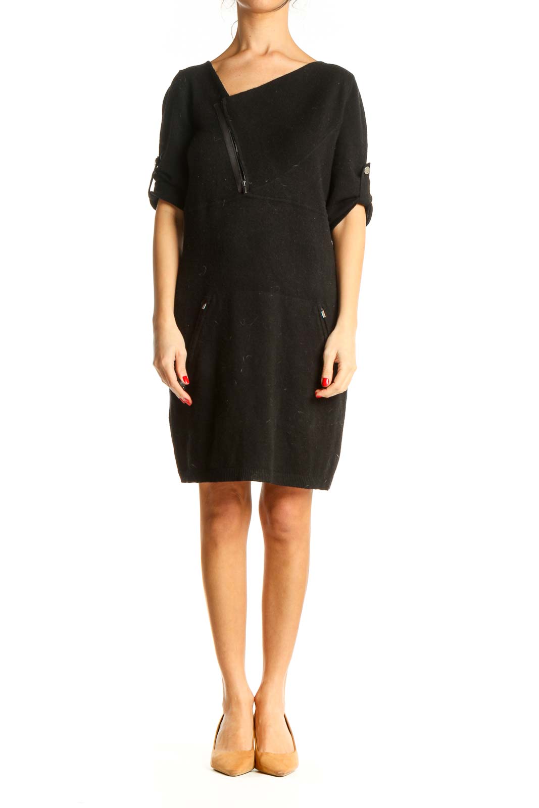 Black Solid Day Shift Dress