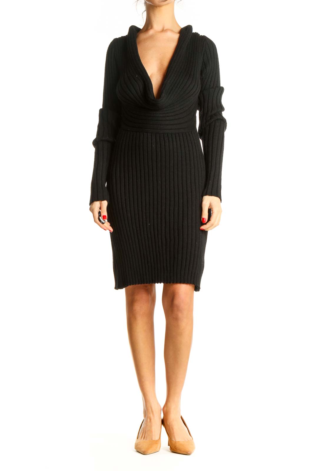 Black Solid Knit Sheath Dress