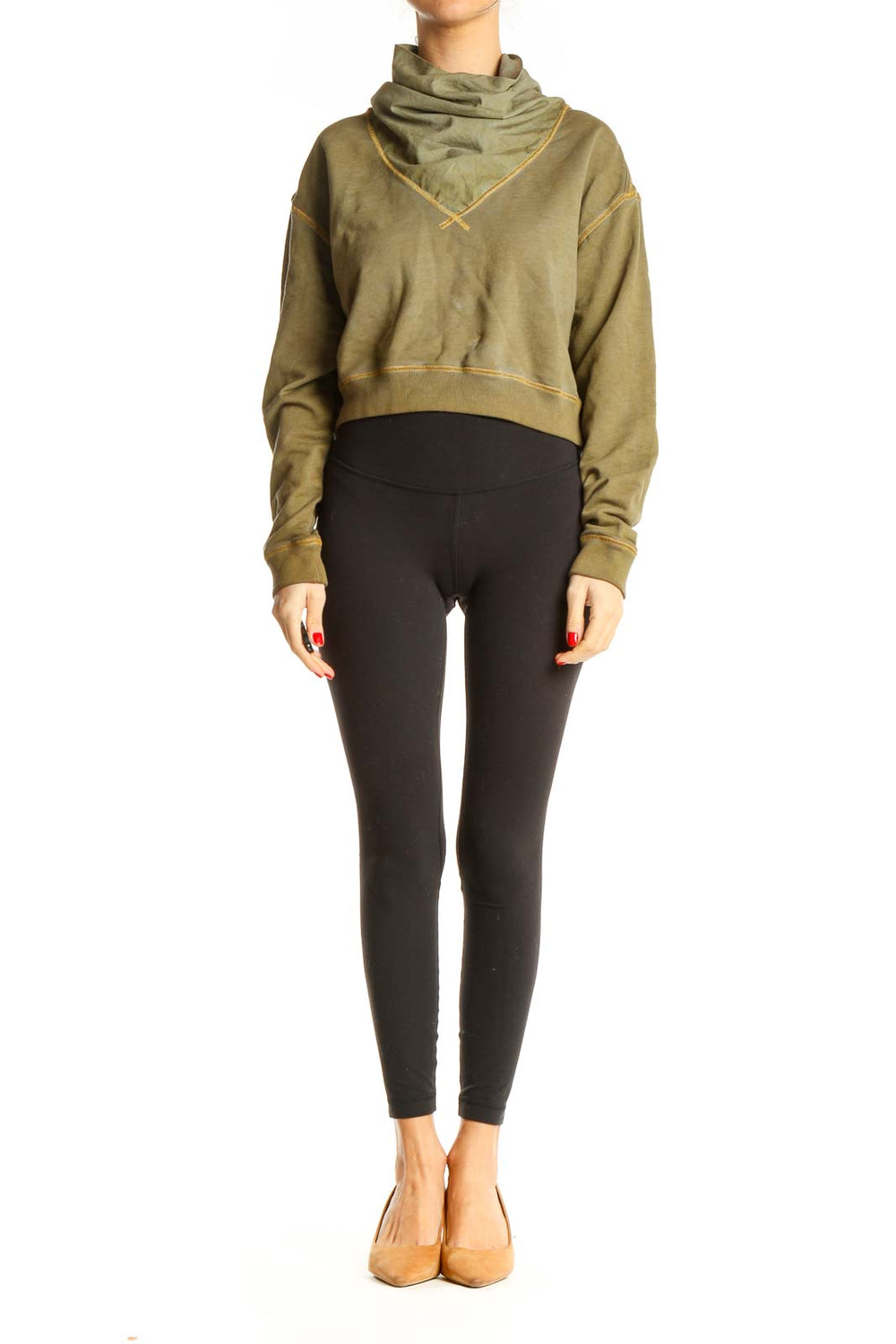 Front view of olive green cropped sweatshirt with cowl neck