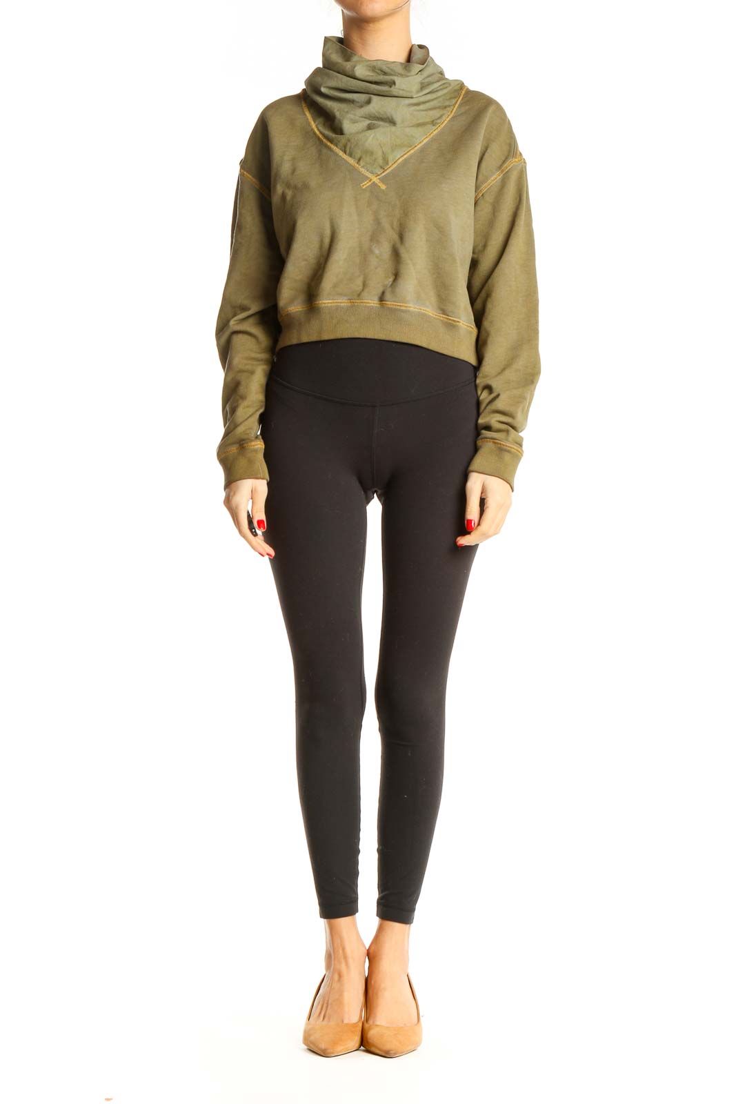 Front view of olive green cropped sweatshirt with cowl neck