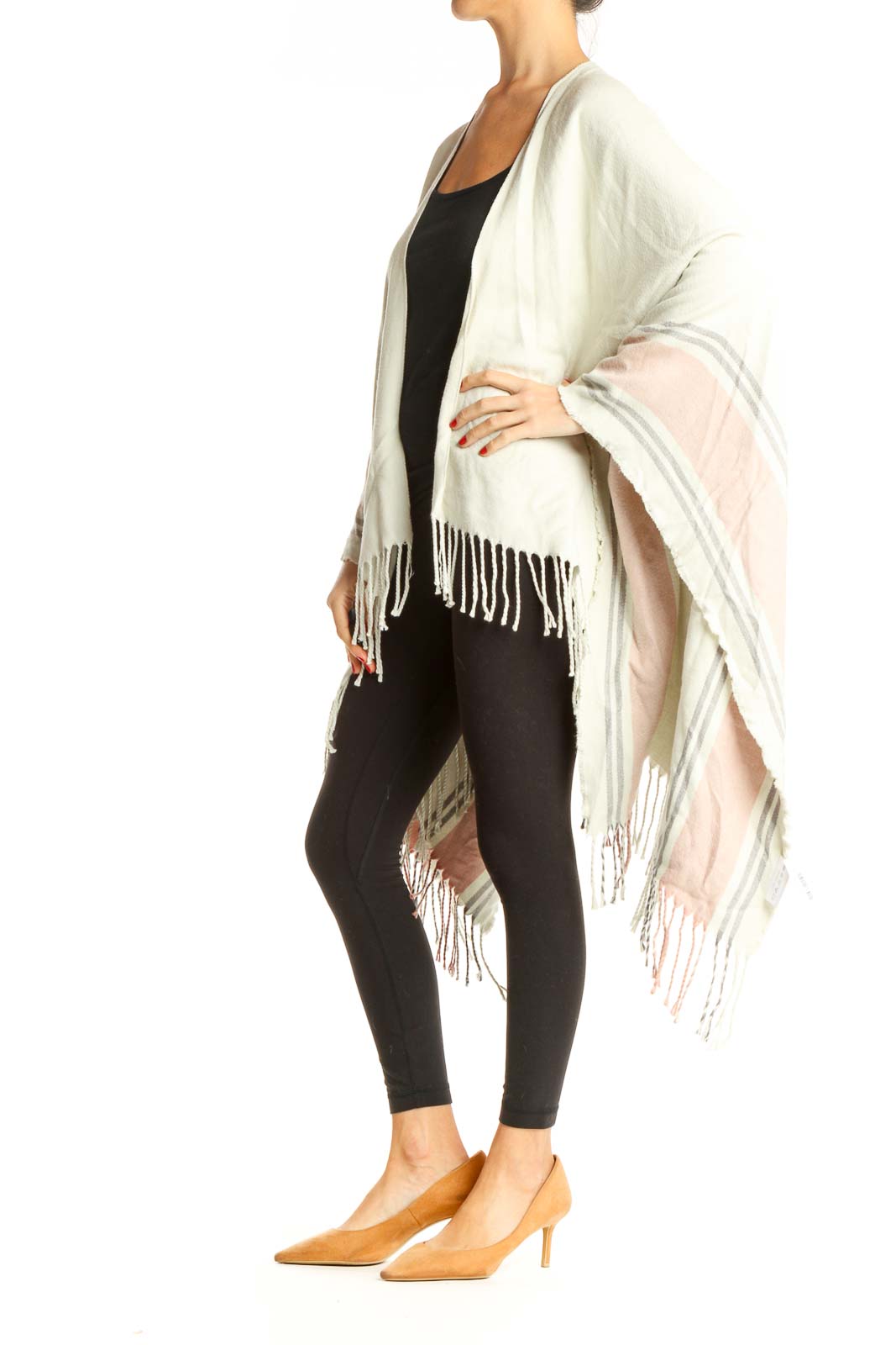 Beige Striped Fringe Cardigan