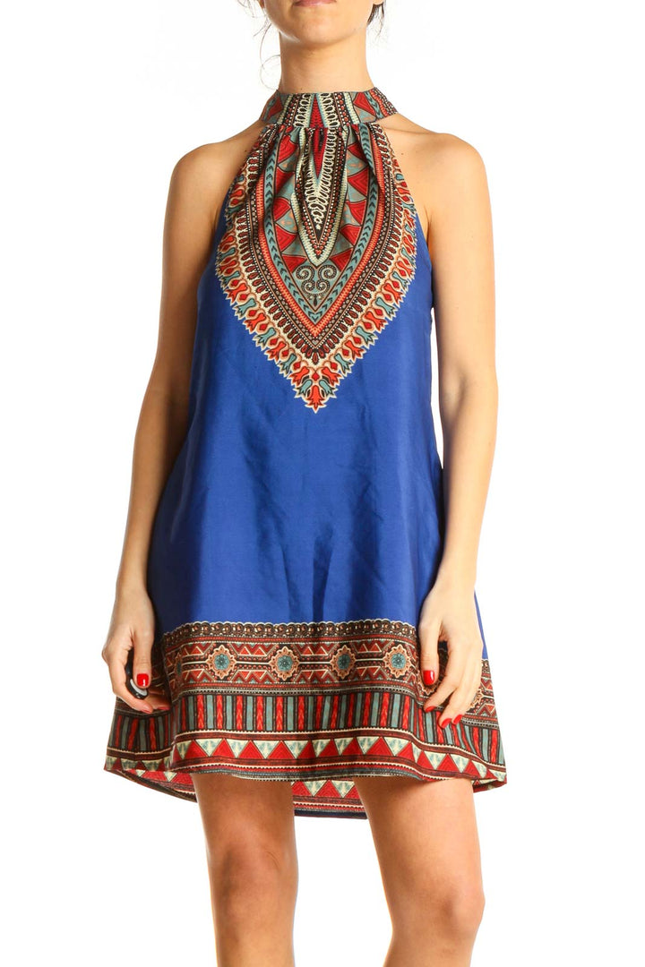 Blue Aztec Print Bohemian Fit & Flare Dress