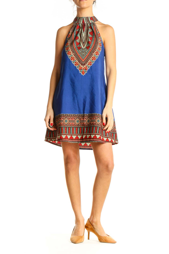 Blue Aztec Print Bohemian Fit & Flare Dress