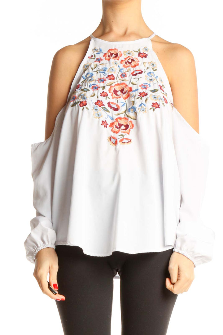 White Floral Print Holiday Blouse