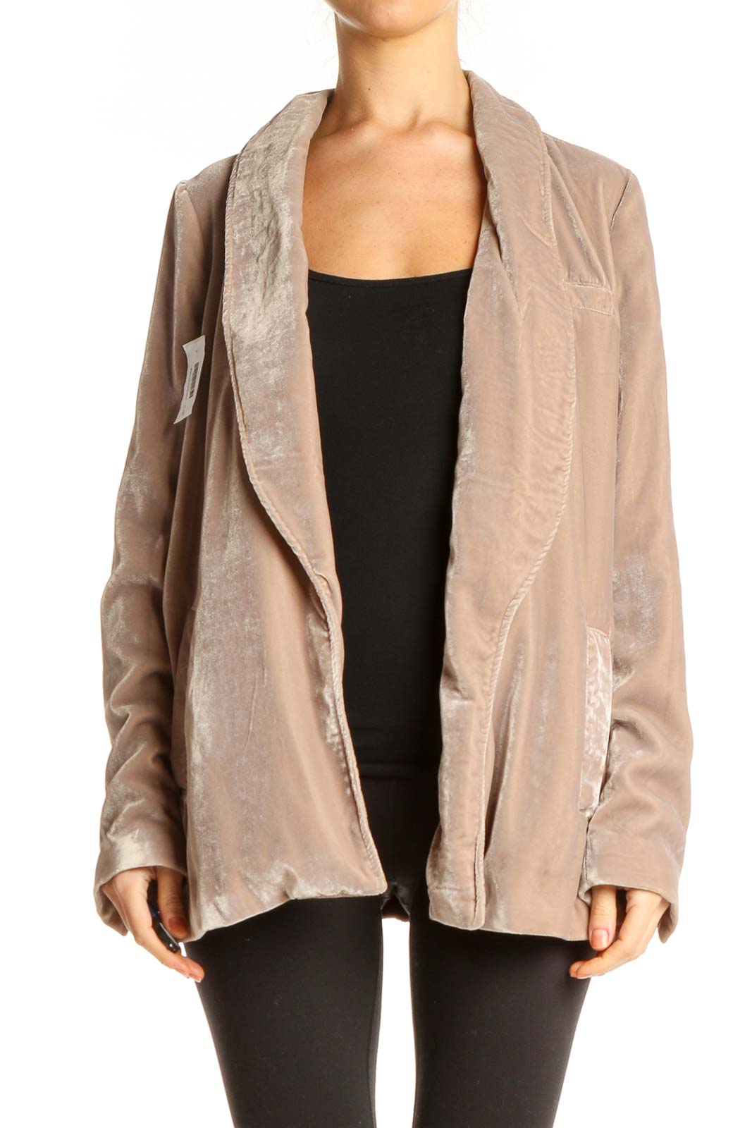 Front view of Free People beige velvet open front blazer