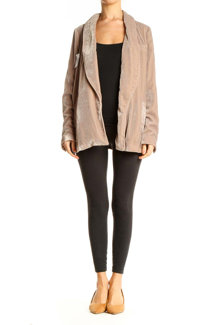 Front view of Free People beige velvet open front blazer