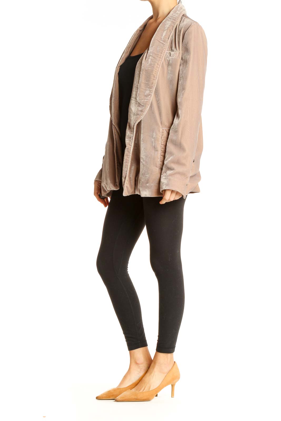 Front view of Free People beige velvet open front blazer