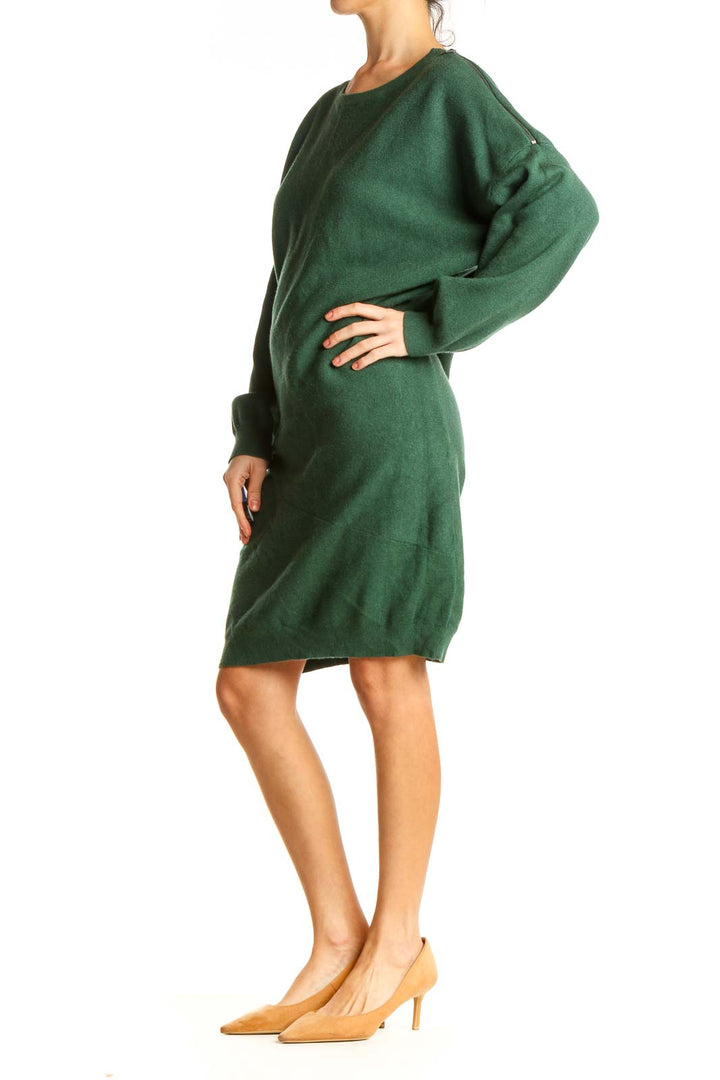 Green Solid Classic Sweater Sheath Dress