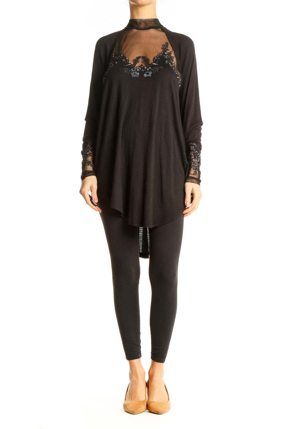 Front view of Free People black sheer embroidered long sleeve top