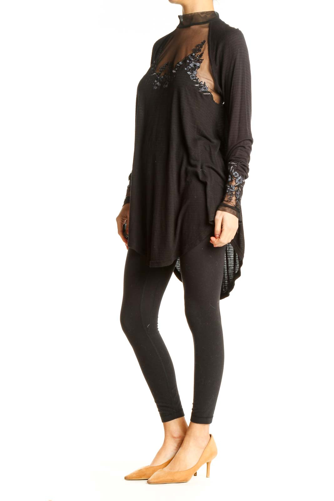 Front view of Free People black sheer embroidered long sleeve top