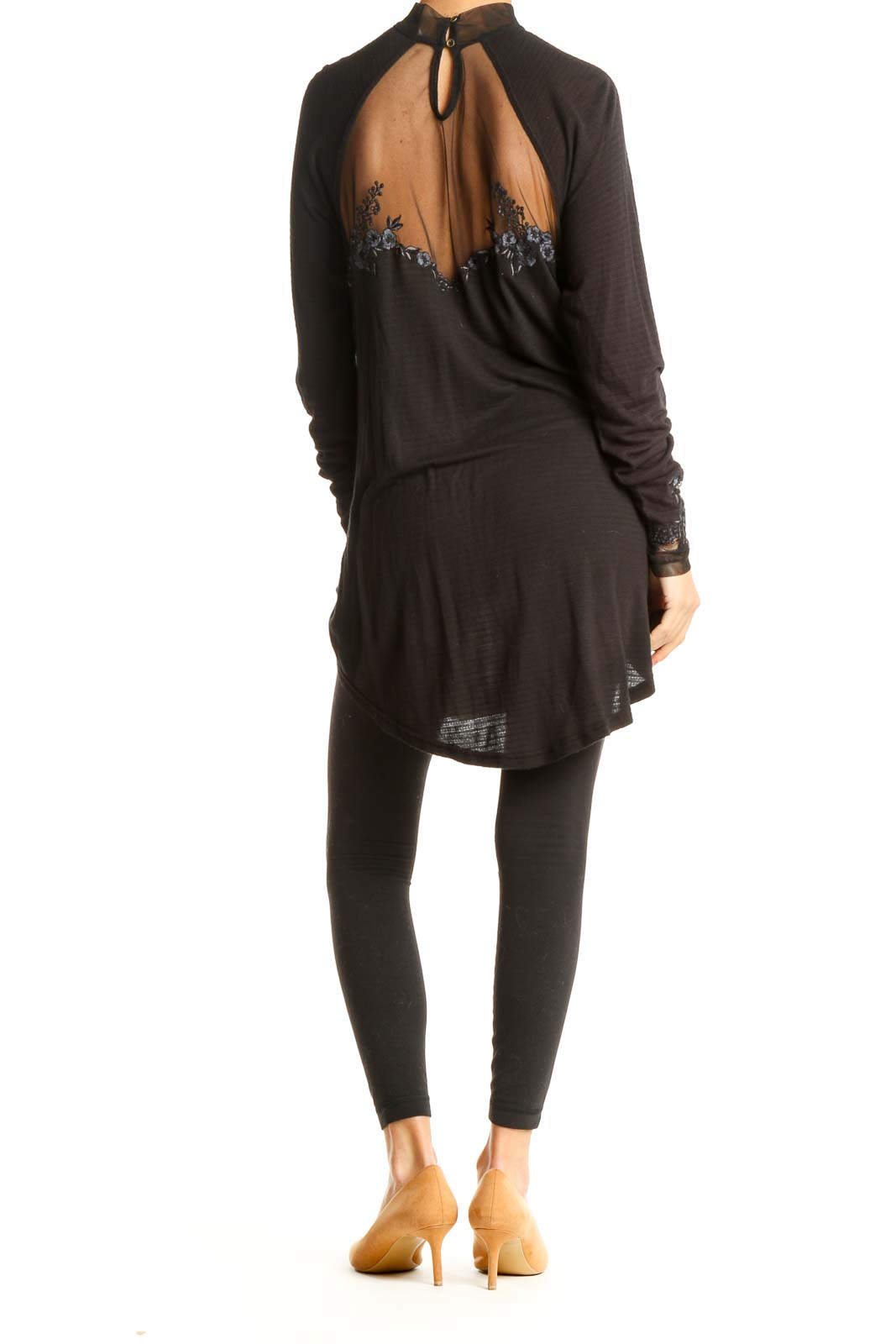 Back view of Free People black sheer embroidered long sleeve top with keyhole closure