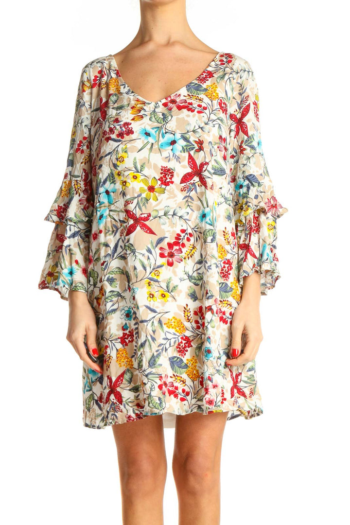 Beige Tropical Print Holiday Shift Dress