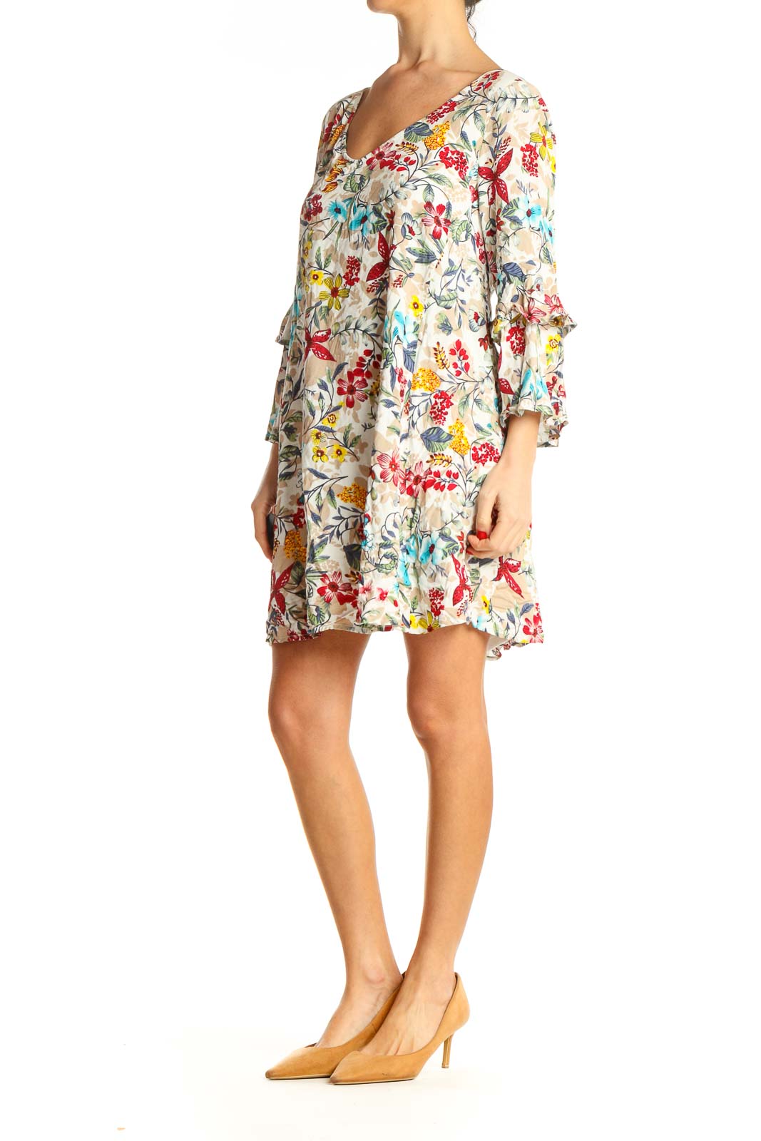 Beige Tropical Print Holiday Shift Dress