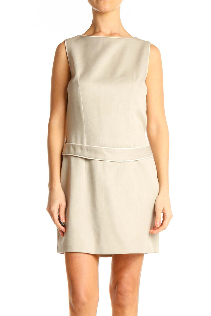 Beige Solid Classic Sheath Dress