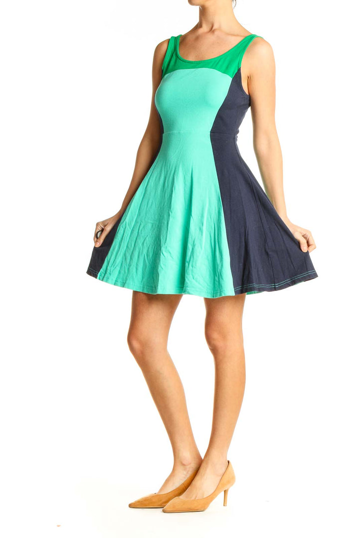 Green Colorblock Casual Fit & Flare Dress