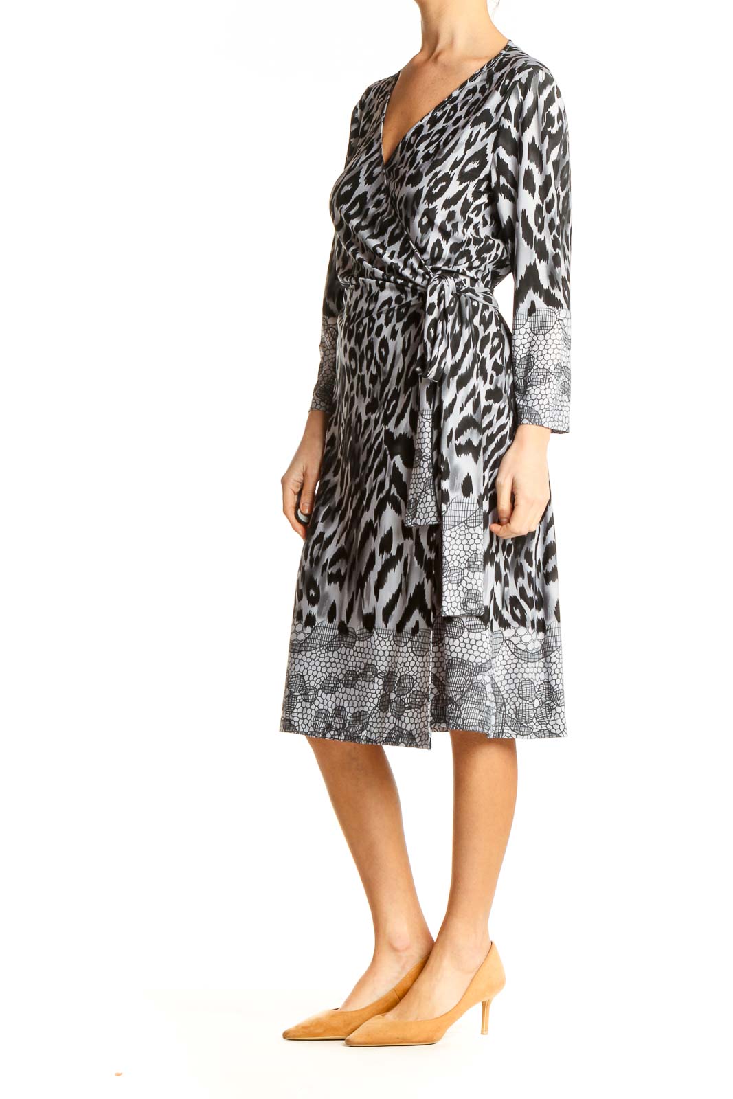 Gray Animal Print Fit & Flare Wrap Dress