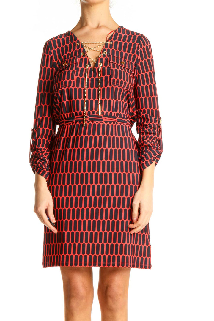 Red Geometric Print Classic Sheath Dress